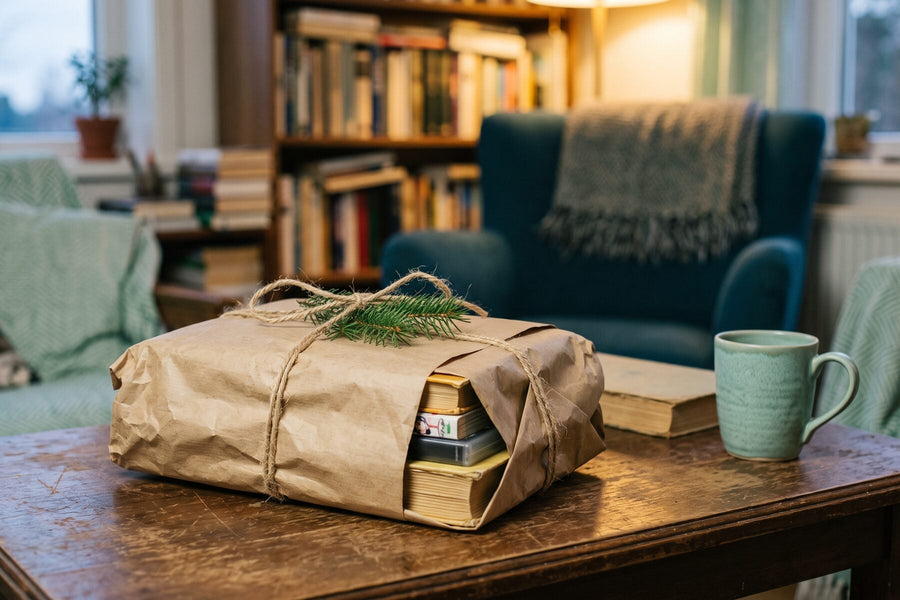 Livres, mangas et jeu vidéo d’occasion emballés en papier kraft pour Noël