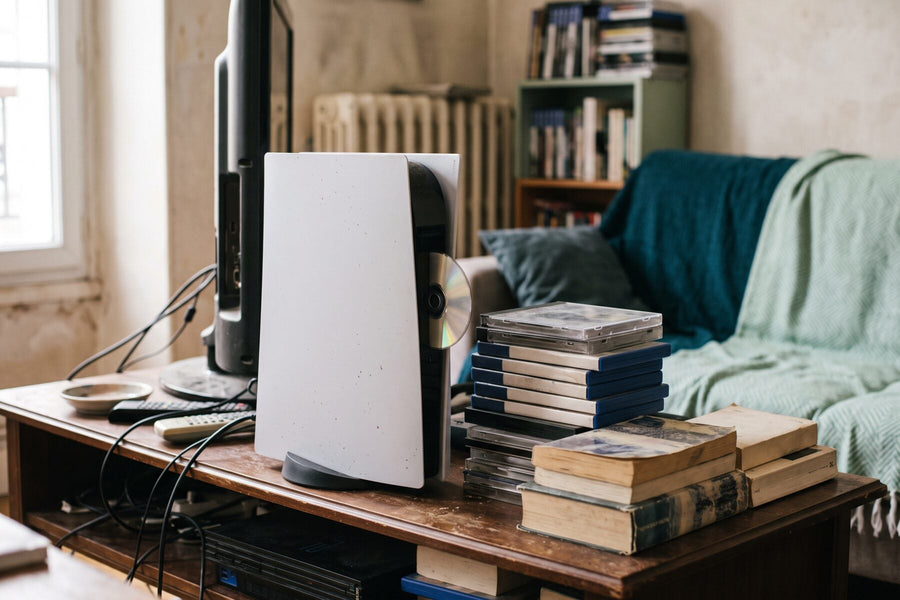 Console de salon moderne avec un disque de jeu inséré dans son lecteur