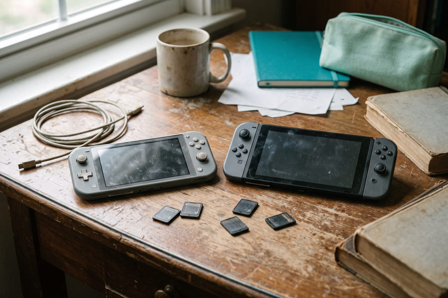 Deux générations de consoles hybrides posées côte à côte avec des cartes de jeu
