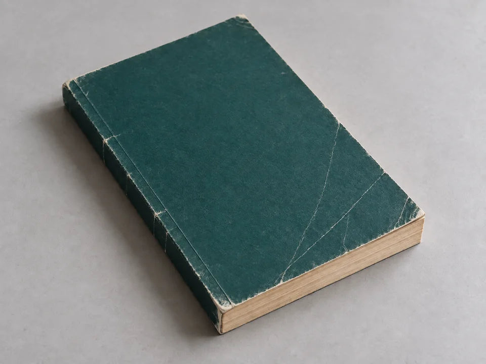 Exemple illustratif : livre vert aux coins usés, avec plusieurs plis visibles et des tranches jaunies.