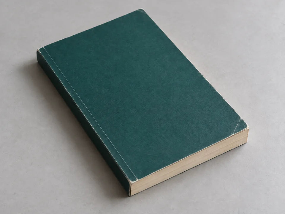Exemple illustratif : livre vert aux coins adoucis, bords frottés et avec un petit pli sur la couverture.