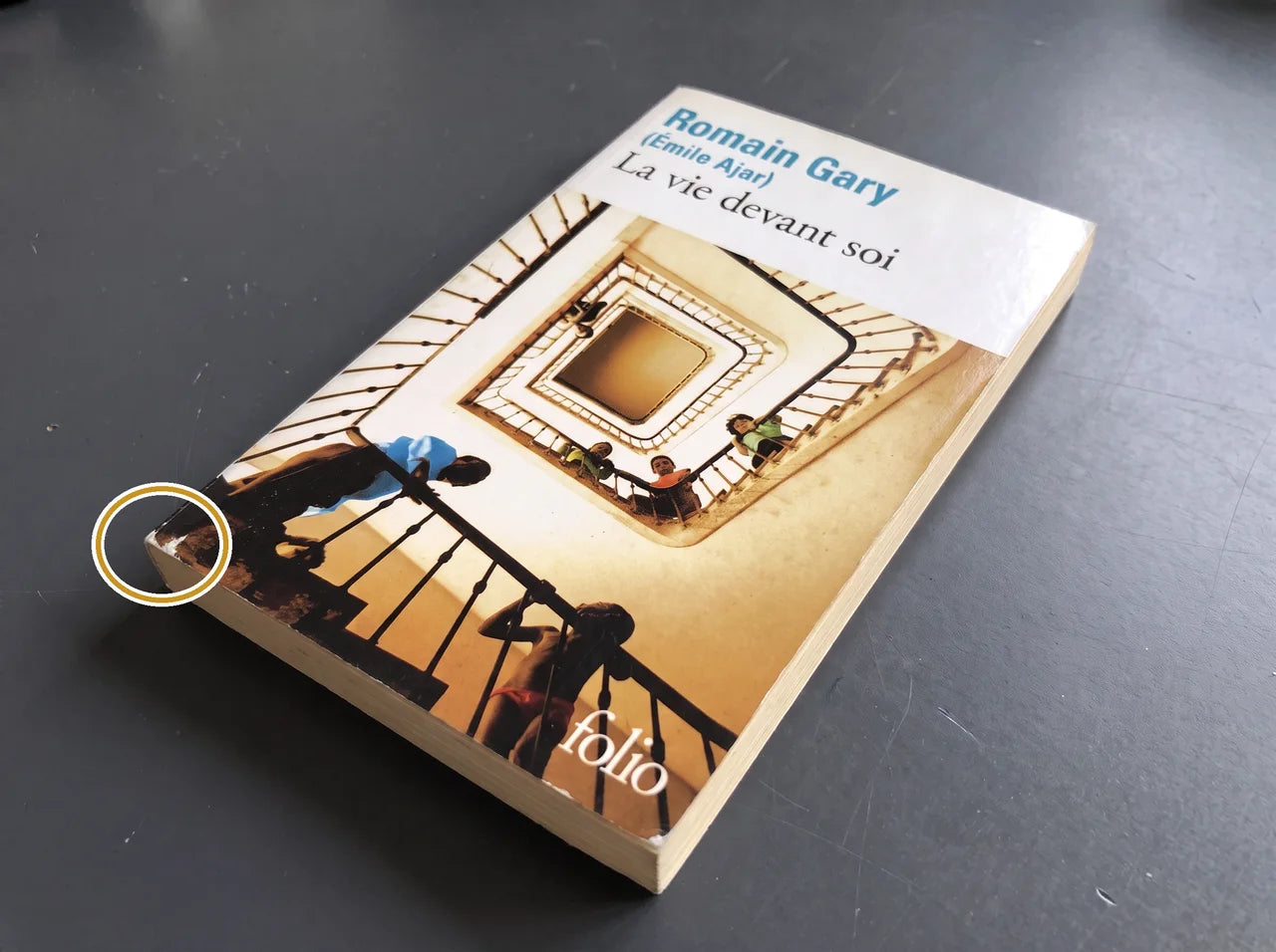 Livre de poche avec un léger frottement au coin, entouré pour le repérer.